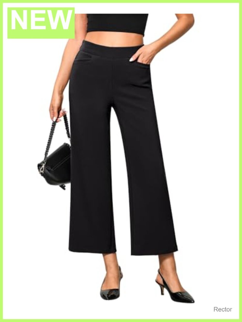 High Waisted Wide Leg Cropped Pull On Stretch Dress Pants with Pockets